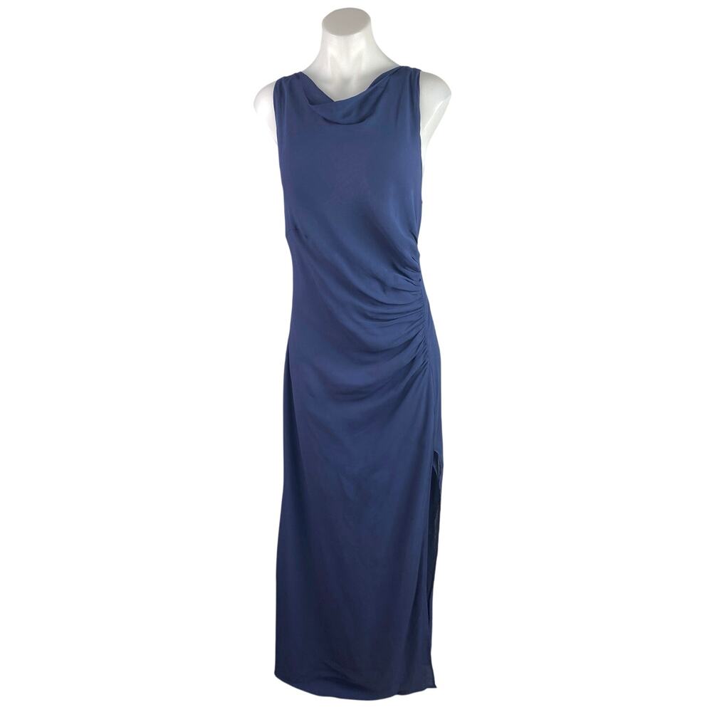 Reformation Women's Blue Sleeveless Ruched Cowl Neck Slit Maxi Bodycon Dress M